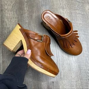 Madewell Brown Leather Fringe Kiltie Wood Heeled Clogs Size 8